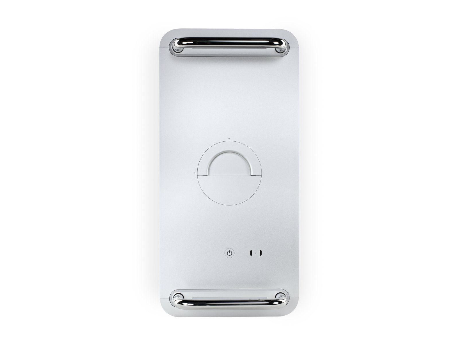 Mac Pro的顶部，有两个 USB-C 接口，一颗电源指示 LED 等，还有两个方便搬走的把手。